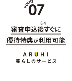 POINT 07　審査申込後すぐに優待特典が利用可能　ARUHI暮らしのサービス