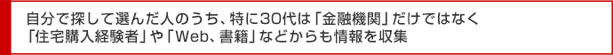 自分で探して選んだ人のうち、特に30代は「金融機関」だけではなく「住宅購入経験者」や「Web、書籍」などからも情報を収集