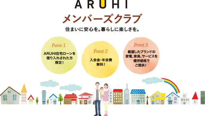 ARUHIメンバーズクラブ 住まいに安心を。暮らしに楽しさを Point1 ARUHI住宅ローンを借り入れされた方限定 Point2 入会金・年会費無料！ Point3 厳選したブランドの家電、家具、サービスを優待価格でご提供！